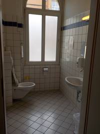 Innenraum der Behindertentoilette mit WC auf der linken und Waschbecken auf der rechten Seite